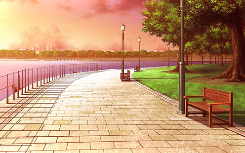 коричневая деревянная скамья рядом с фонарным столбом и водоемом, город, река, деревья, скамейка, уличный фонарь, HD обои HD wallpaper