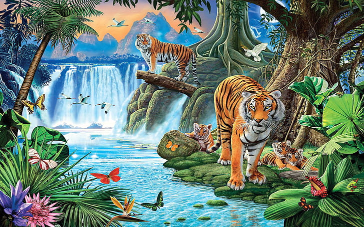 Family Tiger Waterfalls, Trees, River Rock Birds Desktop Wallpaper Hd, HD wallpaper