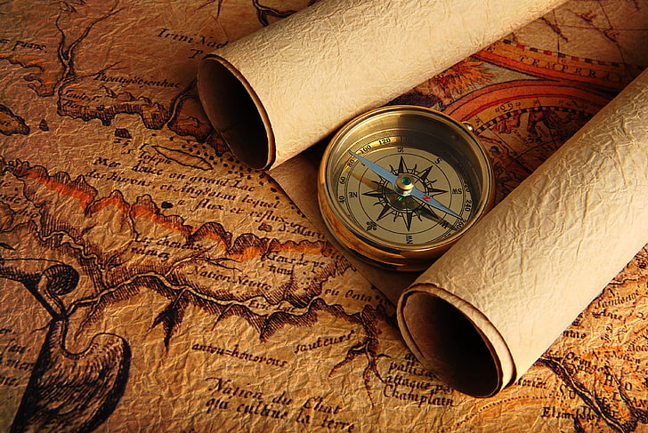 kompas w kolorze mosiądzu, mapa, strzałka, kompas, Tapety HD