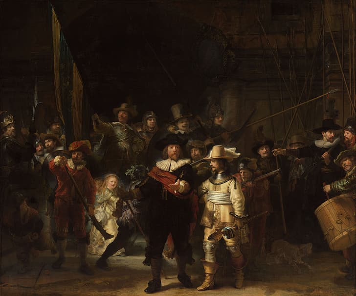 Нощната стража, Рембранд ван Рейн, мускет, барабани, копие, класическо изкуство, произведения на изкуството, шапка, униформа, пистолет, флаг, HD тапет