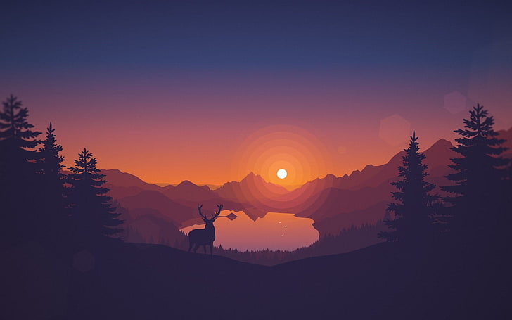 alberi di pino dipinto, cervo, Firewatch, tramonto, Sfondo HD