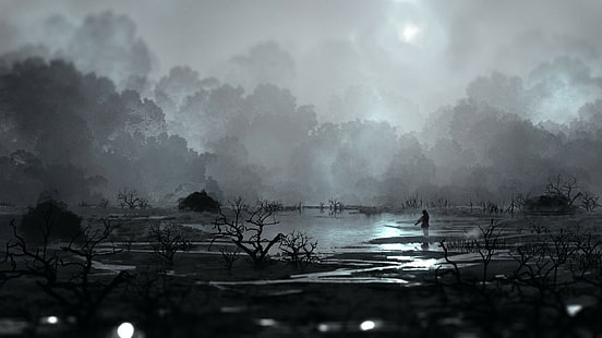 landscape, swamp, grey, dark, artwork, HD wallpaper HD wallpaper