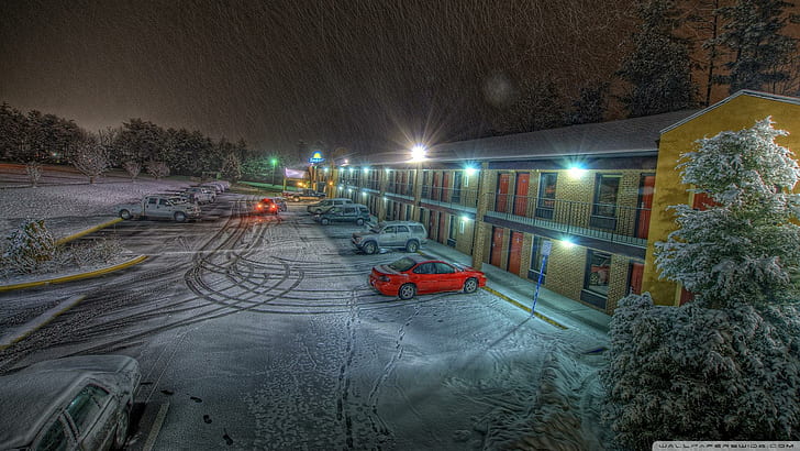 Snow Falling On Motel Parking Hdr, parking, snow, motel, cars, night, nature and landscapes, HD wallpaper