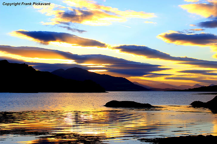 silhouette photography of mountains near body of water during golden hour, Mellow Yellow, silhouette, photography, mountains, body of water, golden hour, kintail, Inverness-Shire, mountainous, mountainside, reflections, colourful, colours, sky, water, outdoor, outdoors, countryside, clouds, sea loch, west coast, west highlands, skye and lochalsh, scotland, scenery, scenic, frank, canon, geotagged, british isles, britain, united Kingdom, uk, uplands, europe, ecosse, october  2016, evening, serene, natural, beauty, picturesque, peaceful, tranquil, daylight, daytime, rocky outcrops, golden  hills, hillside, sunlight, sunlit, view, vista, northwest highlands, national scenic area, sunset, nature, mountain, landscape, sea, scenics, reflection, dusk, beach, summer, lake, HD wallpaper