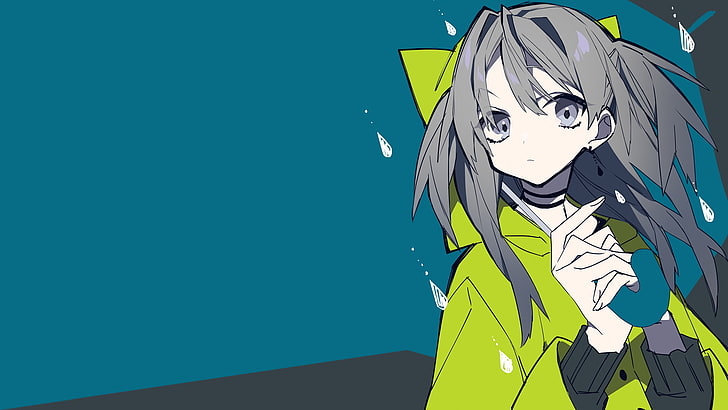 anime, manga, anime girls, turquoise, rain, simple background, gray hair, umbrella, HD wallpaper