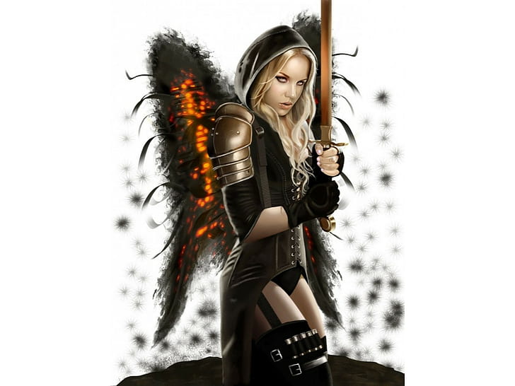 Angel Warrior HD, profil wanita dengan sayap dan memegang ilustrasi pedang, fantasi, pejuang, malaikat, Wallpaper HD