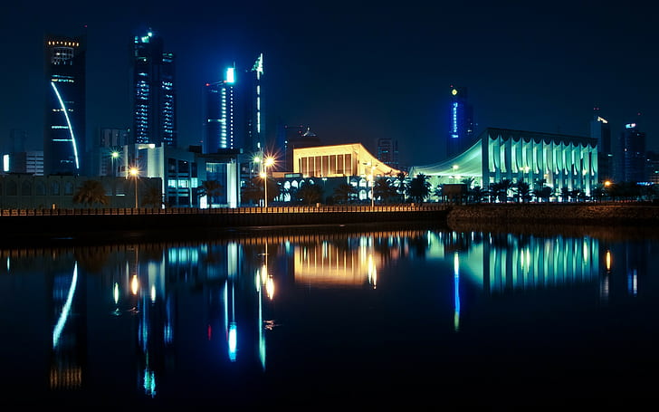 stad, stadsbild, Kuwait, natt, vatten, ljus, reflektion, HD tapet
