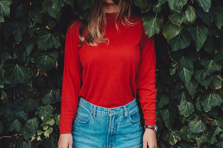 merah, jeans, wanita, Wallpaper HD