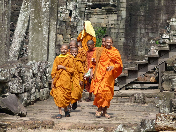 angkor, angkor wat, asia, buddhism, cambodia, monks, novice, ruin, siem reap, temple, unesco world heritage, HD wallpaper