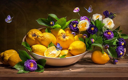 Photographie, nature morte, bol, papillon, fleur, fruit, citron, Fond d'écran HD HD wallpaper