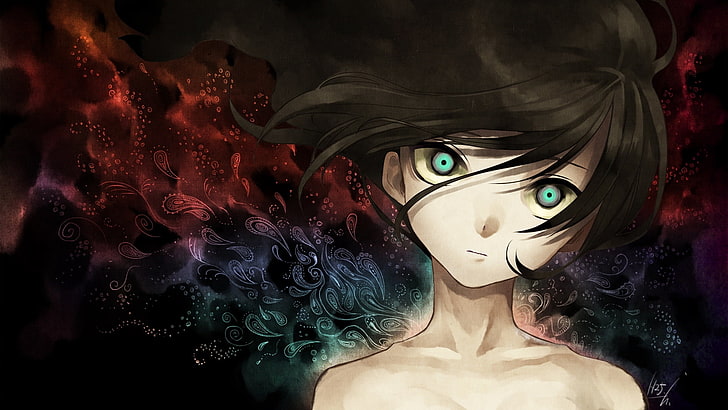 black-haired woman with green eyes illustration, nightcore, anime, girl, face, art, HD wallpaper
