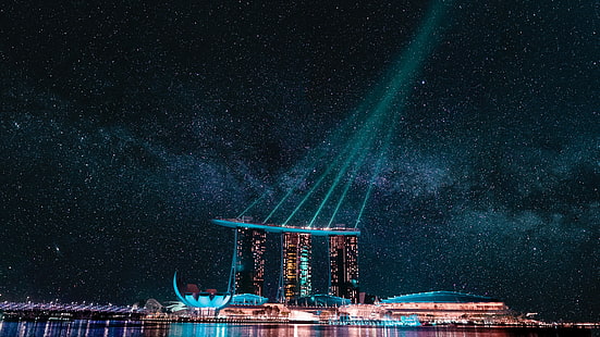 建物、マリーナベイサンズ、マリーナベイ、夜、シンガポール、空、 HDデスクトップの壁紙 HD wallpaper