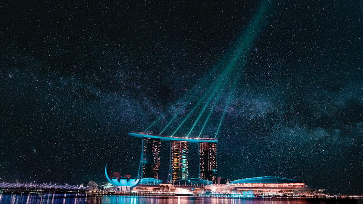 Marina Bay Sands, Pejzaż, Noc, Światła miasta, Singapur, HD, 5K, Tapety HD