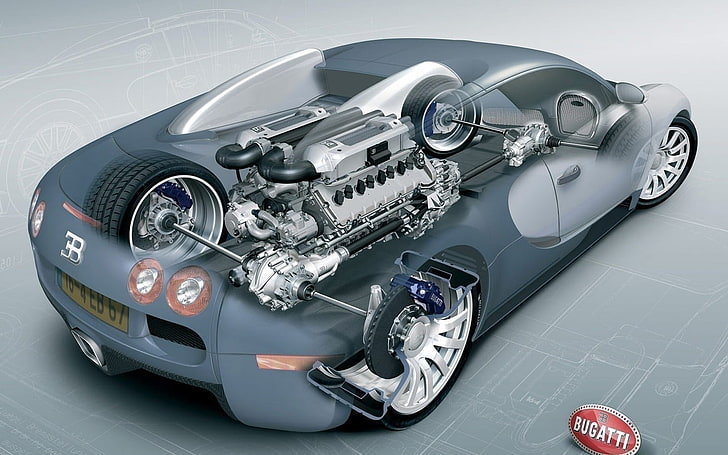иллюстрация серого автомобиля, автомобиль, автомобиль, спортивный автомобиль, колеса, тормоза, двигатели, Bugatti, Bugatti Veyron 16.4 Super Sport, Bugatti Veyron, эскизы, 3d-объект, рендер, технология, шестерни, HD обои