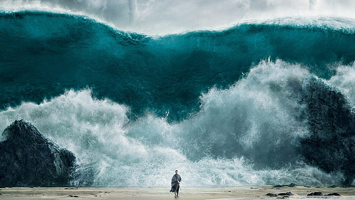 vagues de la mer, roi, Exode: dieux et rois, Christian Bale, eau, vagues, éclaboussures, marche, turquoise, sable, plage, Fond d'écran HD