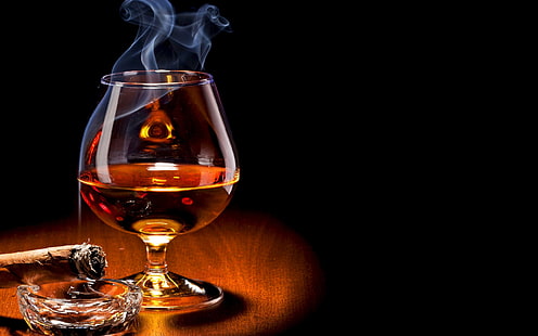 Cigares, cognac, verre à boire, fumée, Fond d'écran HD HD wallpaper