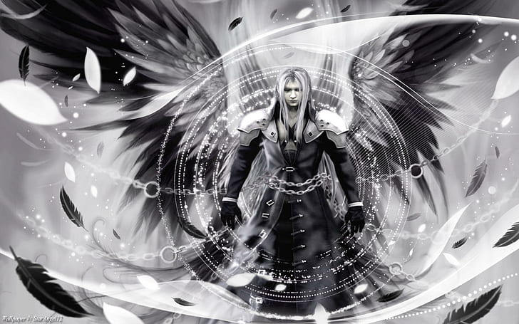 Sephiroth Dark Angel, black, feather, male, final fantasy, white, dark, wind, chain, anime boy, long hair, white hair, HD wallpaper