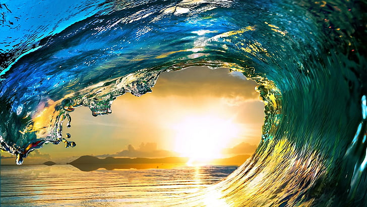 волна, вода, океан, море, цунами, рассвет, солнце, облачно, красиво, сила, круглая, восход, HD обои