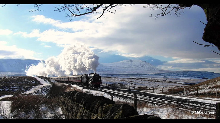 train on railroad, landscape, steam locomotive, train, HD wallpaper