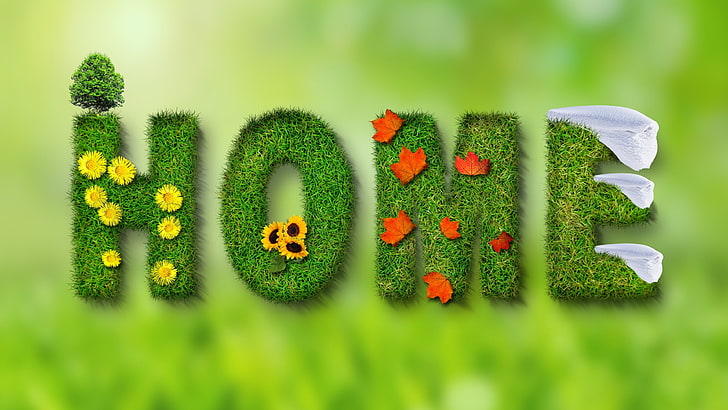ilustrasi rumah hijau, alam, pohon, rumput, teks, salju, bunga, daun, daun maple, bunga kuning, bunga matahari, kedalaman bidang, Wallpaper HD