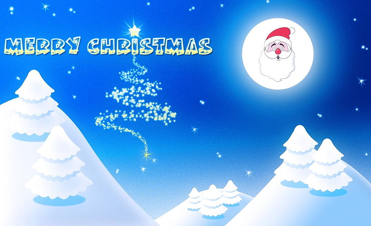 Merry Christmas text overlay, santa claus, smile, moon, tree, night, lettering, christmas, HD wallpaper