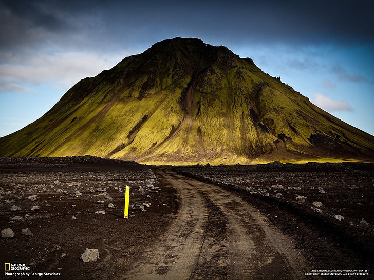 Исландия, планини, черен път, пейзаж, National Geographic, HD тапет