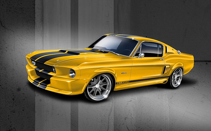 yellow Ford Mustang coupe illustration, car, HD wallpaper