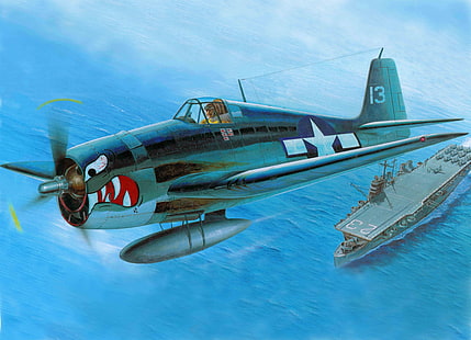 blaugrün Flugzeug digitale Tapete, das Flugzeug, Kämpfer, Kunst, USA, Grumman, F6F-3, Deck, Hellcat, WW2., F6F-3 Hellcat, HD-Hintergrundbild HD wallpaper
