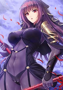  anime, anime girls, Fate series, Fate/Grand Order, Scathach, boobs, big boobs, long hair, purple hair, HD wallpaper HD wallpaper
