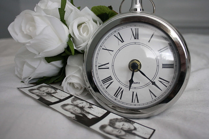 arrangement, black and white, bouquet, clock, couple, flowers, happy, hour, hurry, in love, late, man and woman, memories, mom and dad, oclock, parents, photo strip, pocket watch, reminiscing, time, watch, white rose, HD wallpaper
