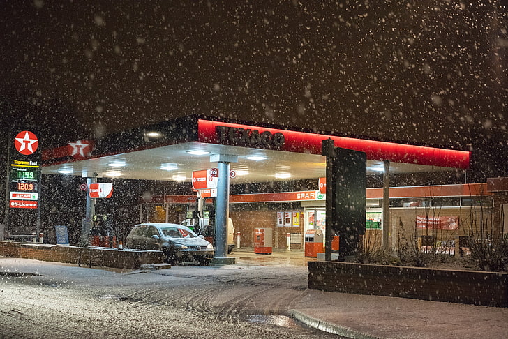 mobil, musim dingin, turun salju, pom bensin, Texaco, pompa bensin, Wallpaper HD