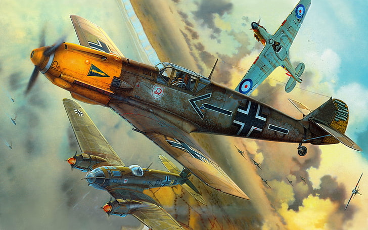three fighter planes illustration, aircraft, The second world war, British, German, air battles, Messerschmitt Bf-109E4, HD wallpaper