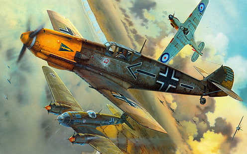 ilustração de três aviões de combate, aeronaves, a segunda guerra mundial, britânico, alemão, batalhas aéreas, Messerschmitt Bf-109E4, HD papel de parede HD wallpaper