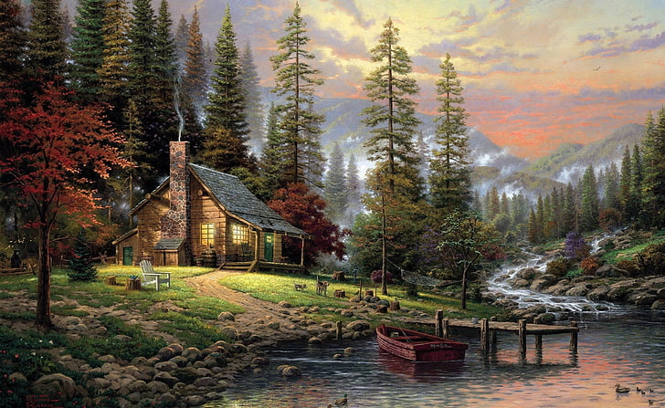 Chalet målning, brunt hus nära vattnet och kanot målning, konstnärliga, ritningar, vacker, landskap, landskap, träd, scen, skog, berg, konstverk, båt, målning, stuga, HD tapet