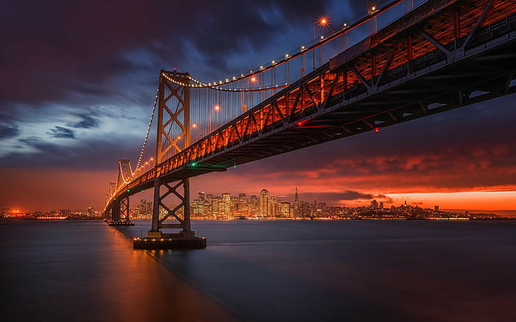 Bay Bridge, San Francisco, Kalifornia, Bay Bridge, San Francisco, Kalifornia, Zatoka San Francisco, most, miasto nocą, zachód słońca, Tapety HD