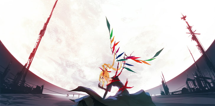karakter anime wanita berambut kuning dengan ilustrasi sayap, Touhou, mata merah, pirang, bulan, Wallpaper HD