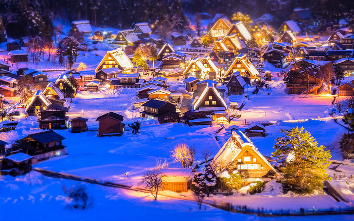 снежная деревня, зима, снег, огни, Новый год, Рождество, иллюминация, рождественская деревня, HD обои