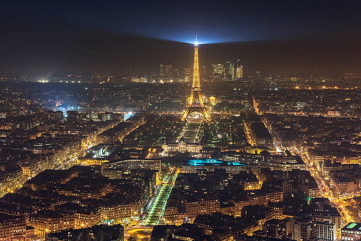 Париж, нощ, градски пейзаж, Айфелова кула, градски светлини, град, HD тапет