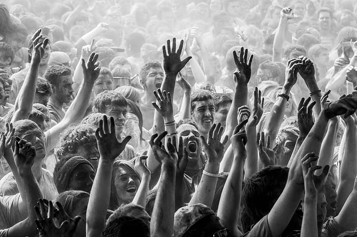 grayscale photo of people having a party, Holi, grayscale, photo, people, having a party, Festival of Colors, Hindu, San Francisco, Spanish Fork, USA, United States of America, Utah, bw, crowd, arms Raised, group Of People, large Group Of People, celebration, happiness, HD wallpaper