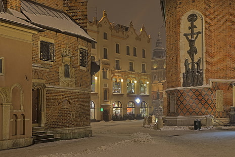зима, дома, Польша, Краков, HD обои HD wallpaper
