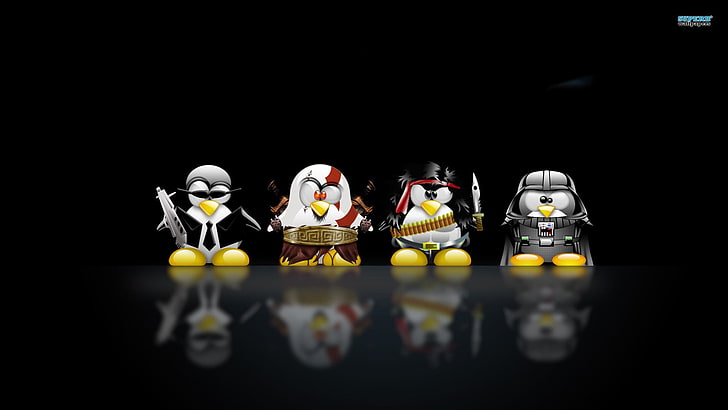 kilka figurek Angry Bird, GNU, Tux, Linux, Darth Vader, Kratos, John Rambo, Tapety HD