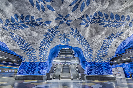 Estocolmo, metrô de Estocolmo, metrô, escada rolante, Suécia, 500px, HD papel de parede HD wallpaper