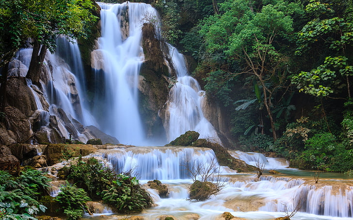 timelapse water falls, waterfall, waterfalls, Kuang Si Falls, HD wallpaper