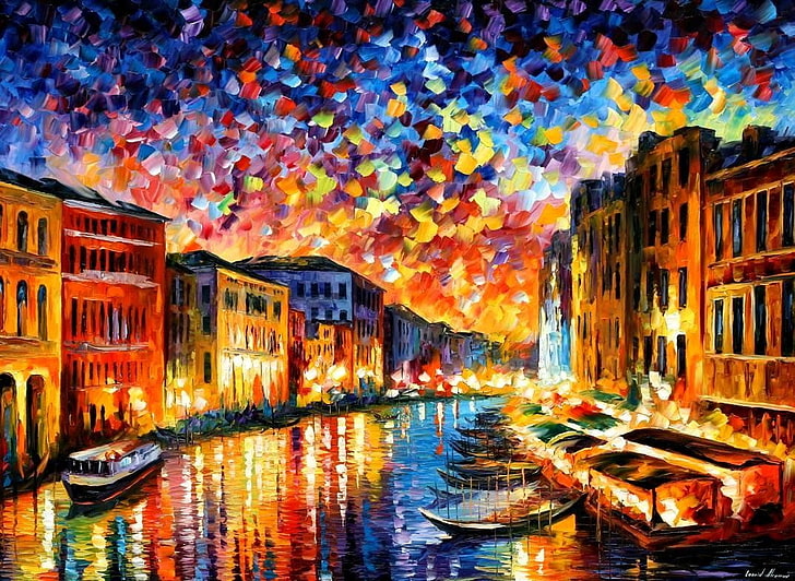 lukisan, kanal, Leonid Afremov, gondola, penuh warna, refleksi, Wallpaper HD