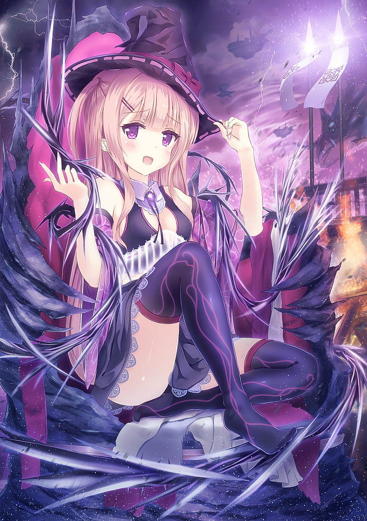 アニメ アニメの女の子 金髪 高値 雷 魔法 オリジナルキャラクター 紫目 嵐 太もも 魔女 Hdデスクトップの壁紙 Wallpaperbetter