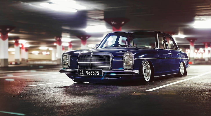 синий Mercedes-Benz седан, Mercedes-Benz, Автомобиль, Старый, BBS, Парковка, Колеса, Stanceworks, W115, HD обои