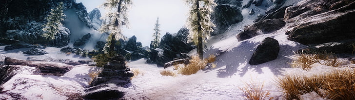 piedras marrones, The Elder Scrolls V: Skyrim, pantalla múltiple, paisaje, nieve, montañas, Fondo de pantalla HD