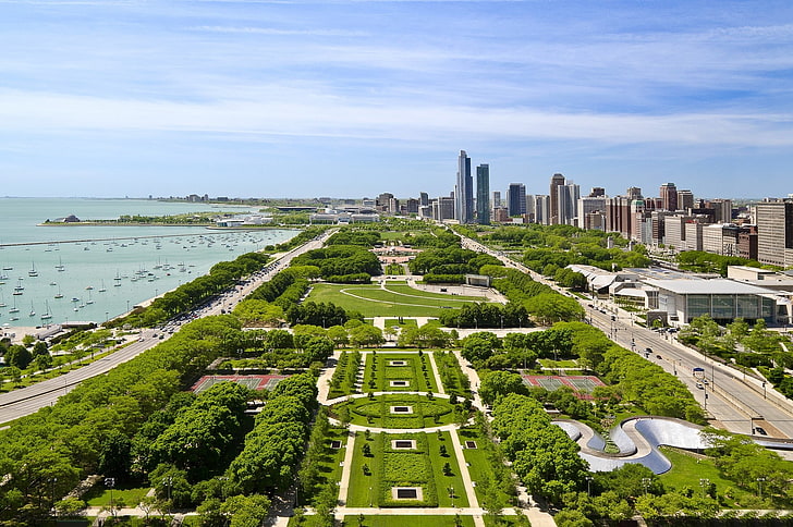 аэрофотосъемка парка, Чикаго, США, городской пейзаж, HD обои