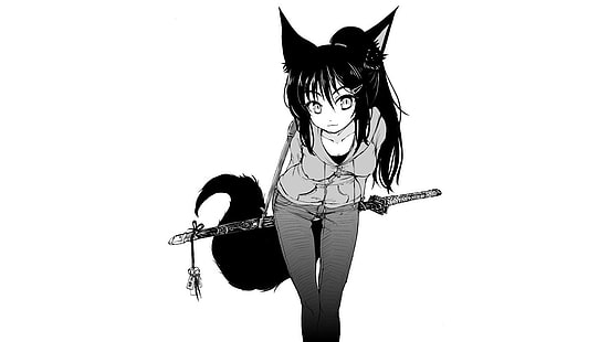 weibliche Anime-Charakterillustration, Tierohren, Anime-Mädchen, Katana, ursprüngliche Charaktere, inumimi, Hundemädchen, Monochrom, Anime, einfacher Hintergrund, HD-Hintergrundbild HD wallpaper