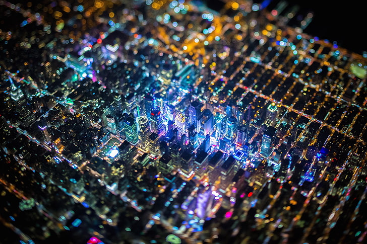 LEDコンピューターチップ、ティルトシフト、アメリカ、夜、都市、空撮、都市景観、ライトの光、クローズアップ写真と都市の建物の置物、 HDデスクトップの壁紙